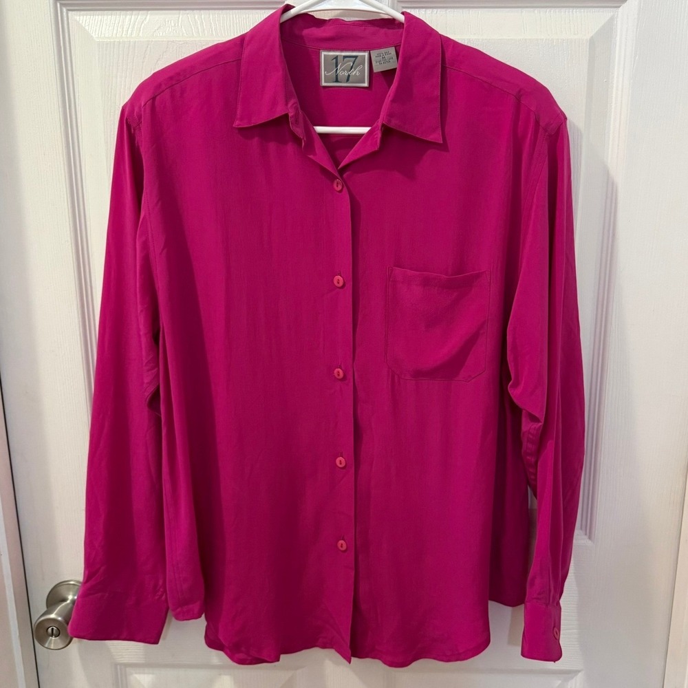 17 North 100% Silk Women's M  Button Up Shirt Hot Pink Long Sleeve Classy Luxury